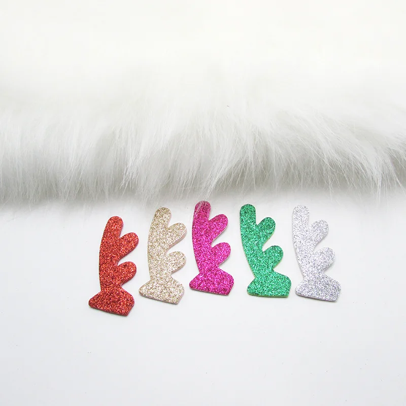 30pcs/lot 7.6*5.5cm Glitter Christmas antlers Padded Appliques For Craft Clothes Sewing Supplies DIY Hair Clip Accessories