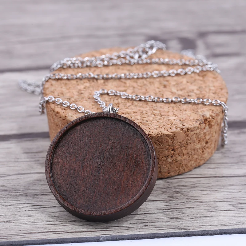 onwear 5pcs fit 25mm cabochon wood pendant base settngs diy blank necklace trays with stainless steel chain for jewelry making