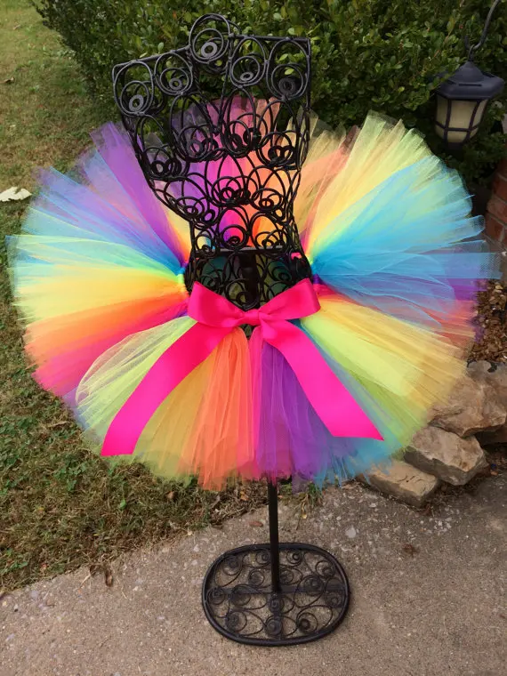 Rainbow Tutu Skirt Baby Girls Handmade Tulle Skirts Ballet Dance Pettiskirts Tutus with Pink Ribbon Bow Kids Party Costume Skirt