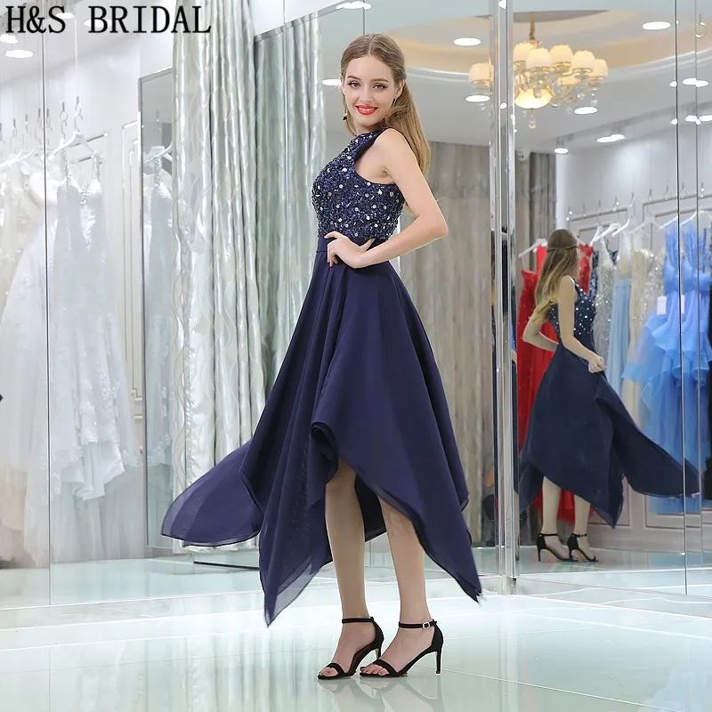 H & S DA SPOSA Caviglia-Lunghezza Navy Blue abiti da sera corto partito Chiffon Abito Da Sera di Cristallo del partito di sera robe de mariee