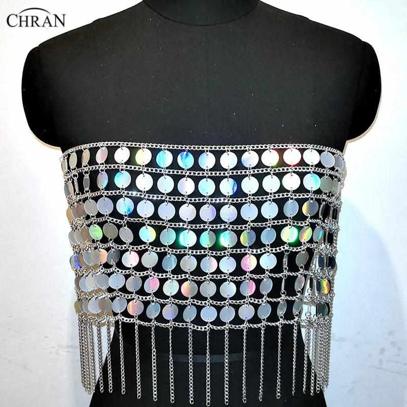 

Chran Holographic Sequin Bead Crop Top Chain Crystal Choker Necklace Halter Bra Bralette Bikini Wear Party Festival Body Jewelry