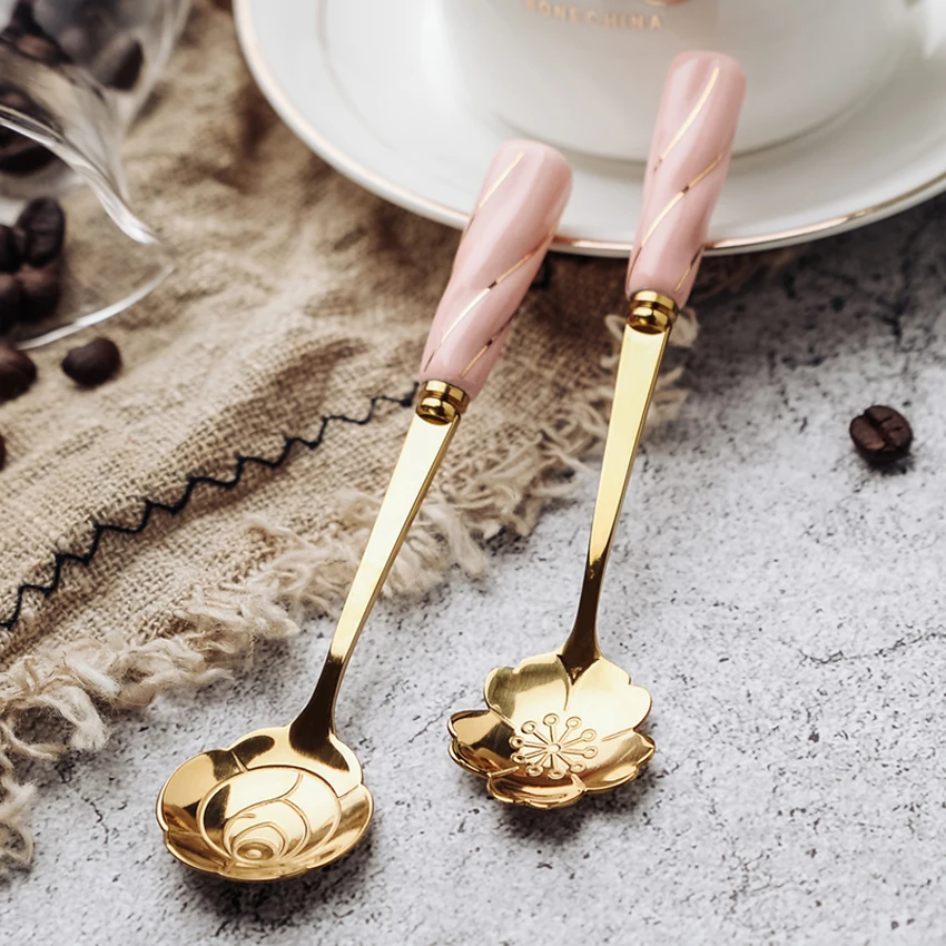 

Japanese cute Stainless Steel rose Spoon cherry spoon Golden silver Coffee Teaspoons Dessert Spoon creative Tableware Cutlery