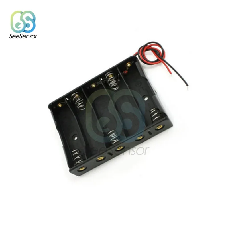 プラスチック製バッテリー収納ボックス,5 x aa,5xaa,2a,7.5v,ワイヤー,1 2 3 4 5スロット,黒,充電式バッテリー用