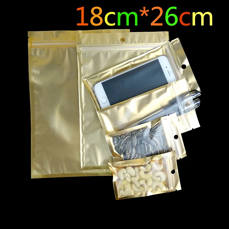 18cm*26cm Golden / Clear Self Sealing Zipper Plastic Retail Pack Package Storage Bag, Zip Lock Bag Retail Packing W/ Hang Hole