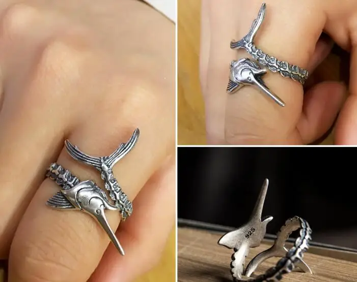 ゴシックパンクロックソリッド 925 スターリングシルバーリングオープン魚調節可能なリング男性の女性のヴィンテージジュエリー