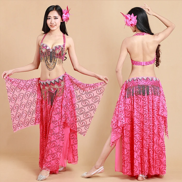 Ropa de baile para mujer, traje de estilo Oriental con cuentas, conjunto de traje de danza del vientre, sujetador, cinturón, falda larga con lentejuelas, 2019