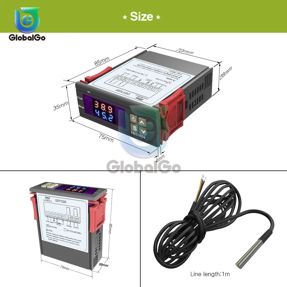 DST1020 Dual Display Thermostat With DS18B20 Temperature Sensor Probe Waterproof Line Thermometer Temperature Controller