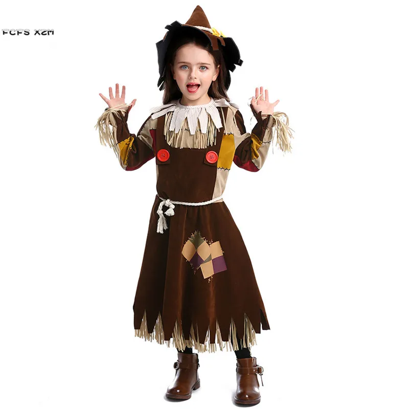 Girls The Scarecrow Hunk Cosplay Kids Children Halloween Beggar Costumes Carnival Purim Parade Masked Ball Role Play Party Dress