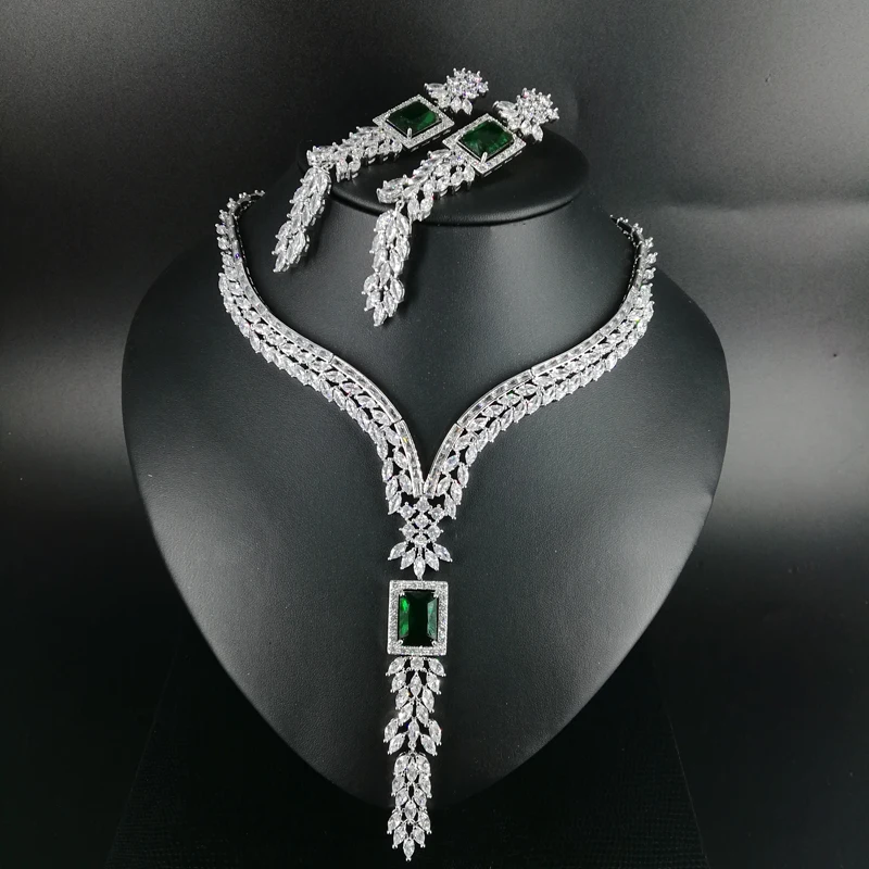 

NEW FASHION vintage V style green square zircon necklace earring wedding bride banquet formal dress jewelry set hot sell