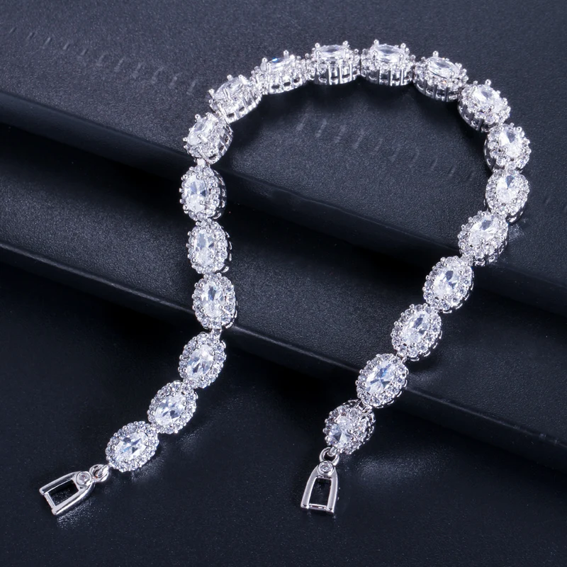 CWWZircons Exquisite White Gold Color Cubic Zircon Inlaid and Royal Blue Stone Women High Quality Bracelets Bangles CB124