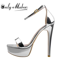 Onlymaker Women Summer Open Toe Platform Stiletto Sandals Single Band Patent Leather Ankle Buckle Strap Party Dress Sandals