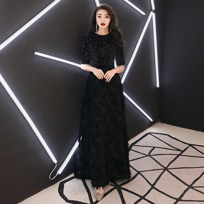 Customized Black A-line Long Evening Dress O-neck Half Sleeves Floor Length Lace Evening Dress Formal Party Dress Prom Dresses