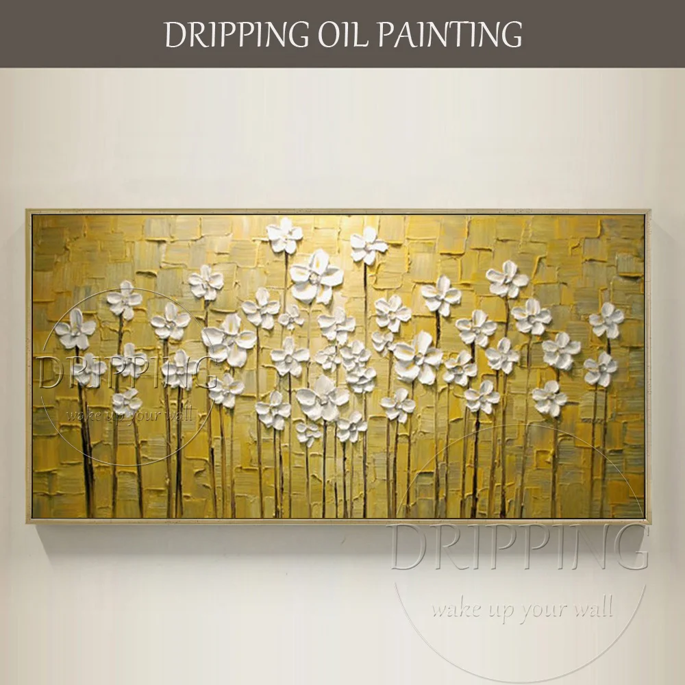 

Beautiful Color Textured Knife 3D White Flower Oil Painting Hand-painted Thick Oil 3D Flower Oil Painting for Living Room