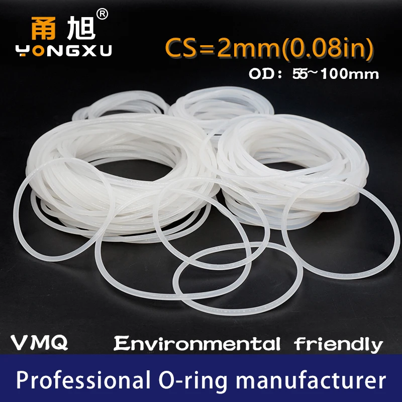 VMQ O Ring Seal Gasket Thickness CS2mm OD55/60/65/68/70/75/80/85/90/95/100*2mm Silicone Rubber Waterproof Washer Nontoxi White