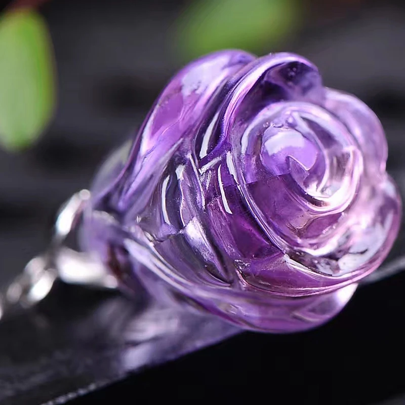 Wholesale Purple Natural Crystal Pendant Hand Made Carved Magnolia flower With Chain Necklace Lucky for Women Crystal Jewelry