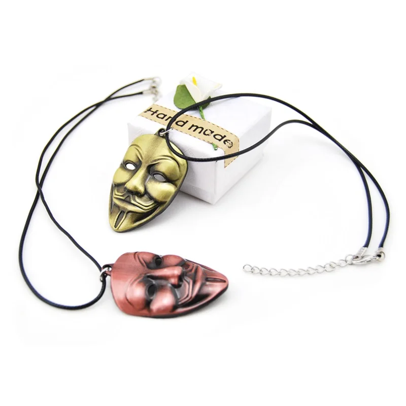 Original New Retro V for Vendetta Necklace Men Leather Chain Vintage Mask Pendant Necklace Women Jewelry Party Gift