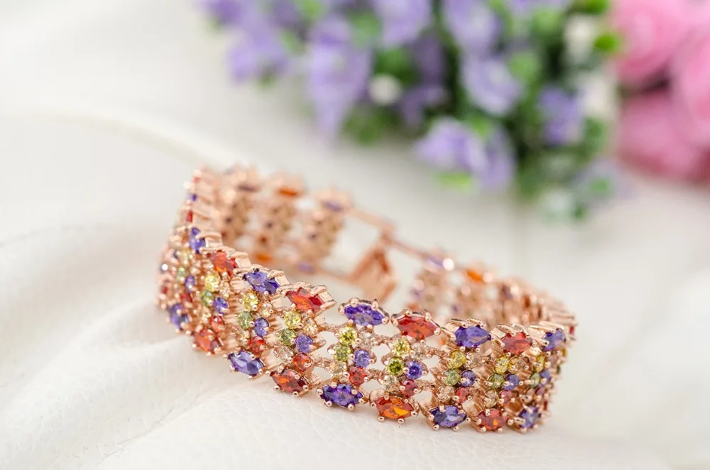 Emmaya Rose Gold Color Mona Lisa Multicolor CZ Stones Cluster Women Bracelet Jewelry Wedding Party Gift