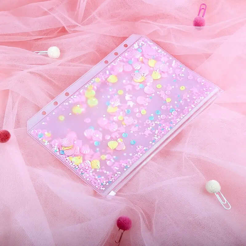 Pink Sequin Petal Transparent PVC A5 A6 Loose-Leaf Document Bag File Folder Stationery Organizer