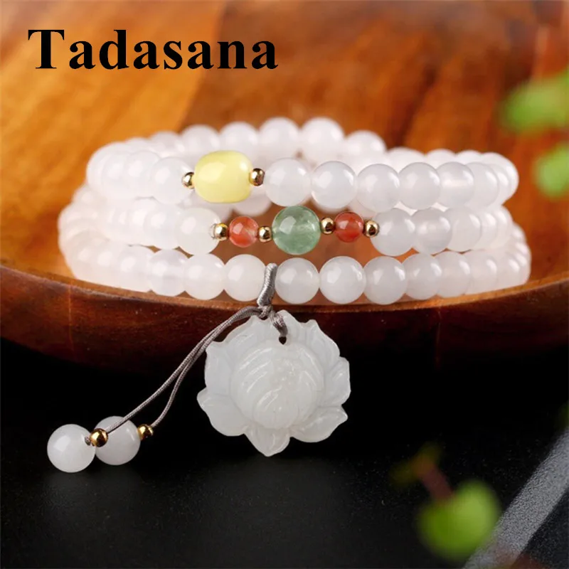 Chalcedony Agates Multi-layer Bracelet Men Woman Accesories Rosary Necklace Buddhism Bracelet Natural Stone Lotus Charm