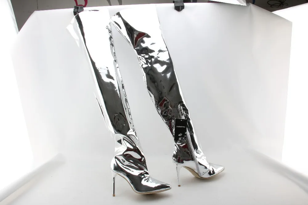 Real photo fashion silver mirror leather thigh high metallic Sliver boots overknee rain boots sexy high heels ladies shoes woman