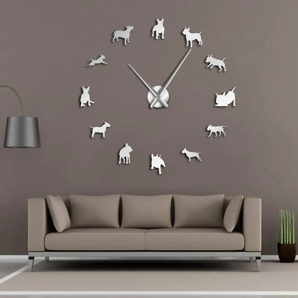 Bull Terrier Dog Wall Art DIY Duży zegar ścienny Rasa psa Mops Duży zegar igłowy Zegarek Pet Shop Decor Prezent dla miłośników Bull Terrierów
