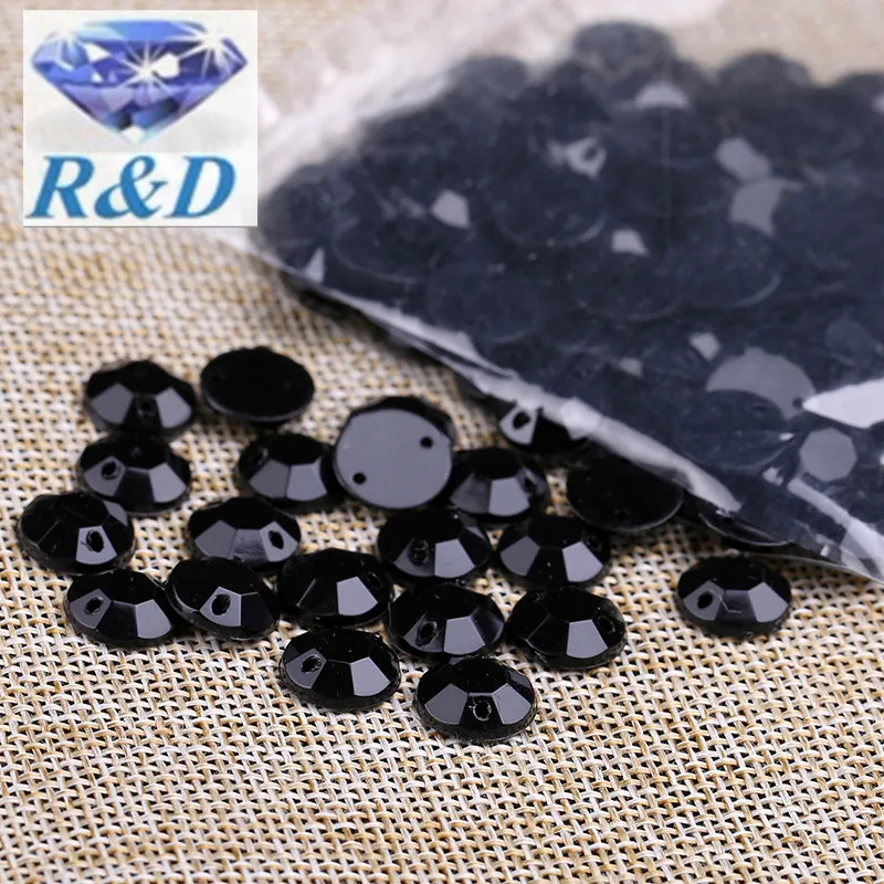 1000pcs/lot 10mm Black Flatback High Quality Acrylic Sewing Round Rhinestone Gems with 2 Holes Acrylic Rhinestones Sew on beads