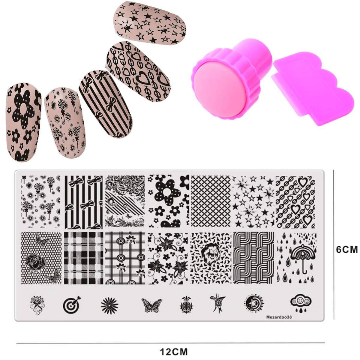 1 Nail Art Printing Plate Image Stamping Plates DIY Manicure Template Tool + 1 Pink Nail Stamper Scraper Set