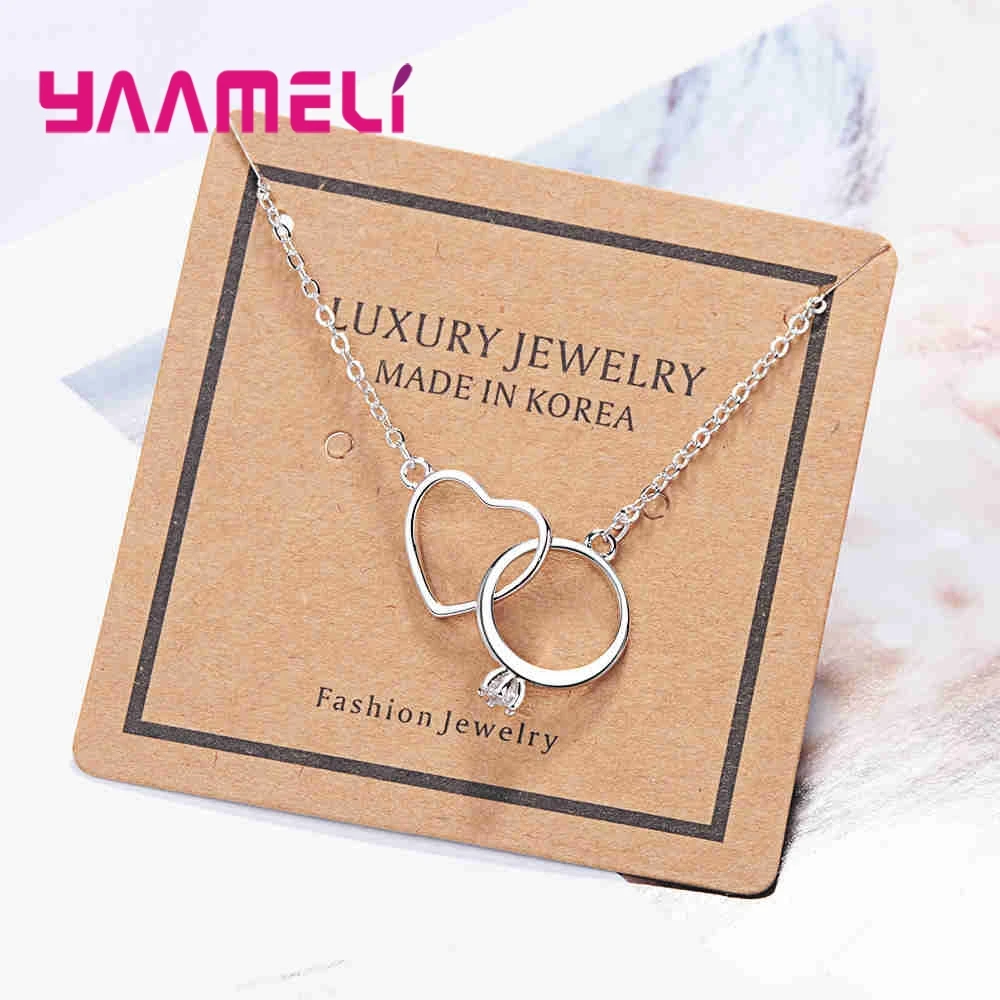 New Arrival Solid 925 Sterling Silver 2 Combine Pendant Necklace For Women Girls Shiny Cubic Zirconia Jewelry Crystal