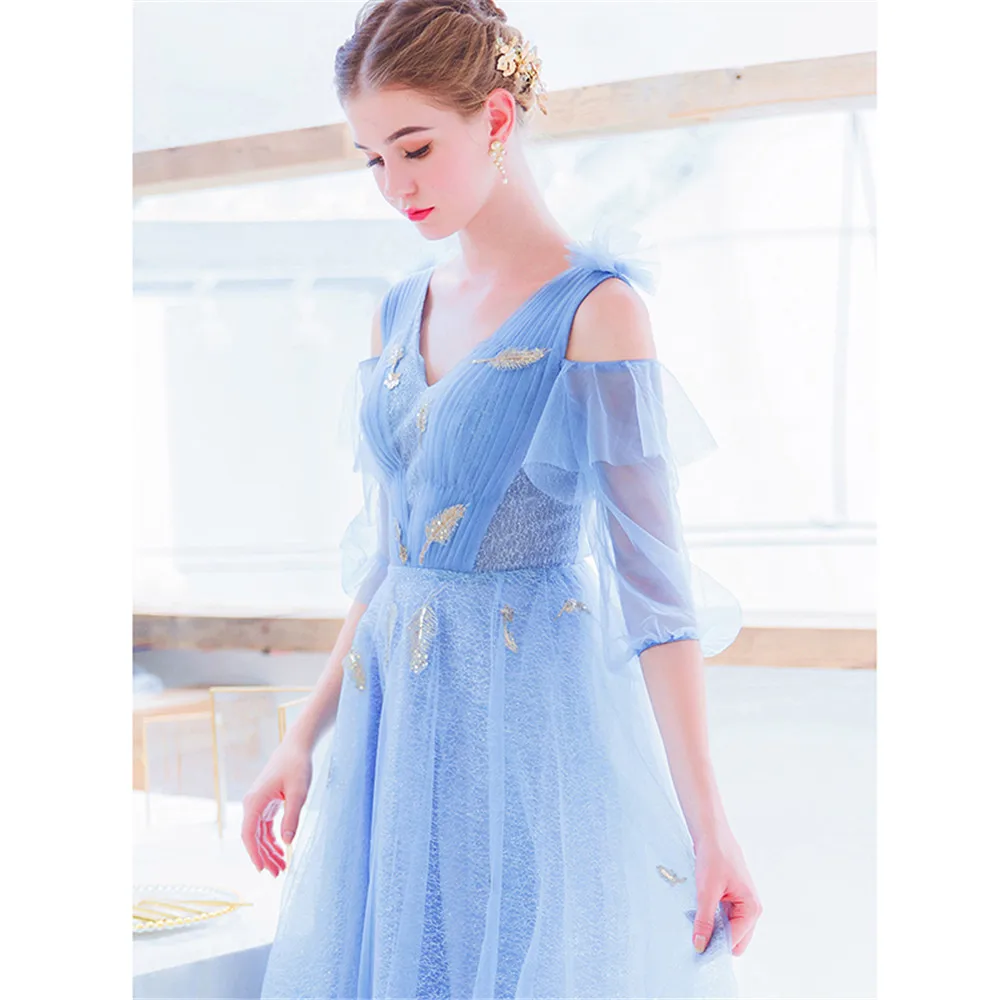 Blue A-line Half Sleeve Floor Length Tulle Appliques Elegant Formal Evening Dresses Bride Banquet Party Prom Dress XH497