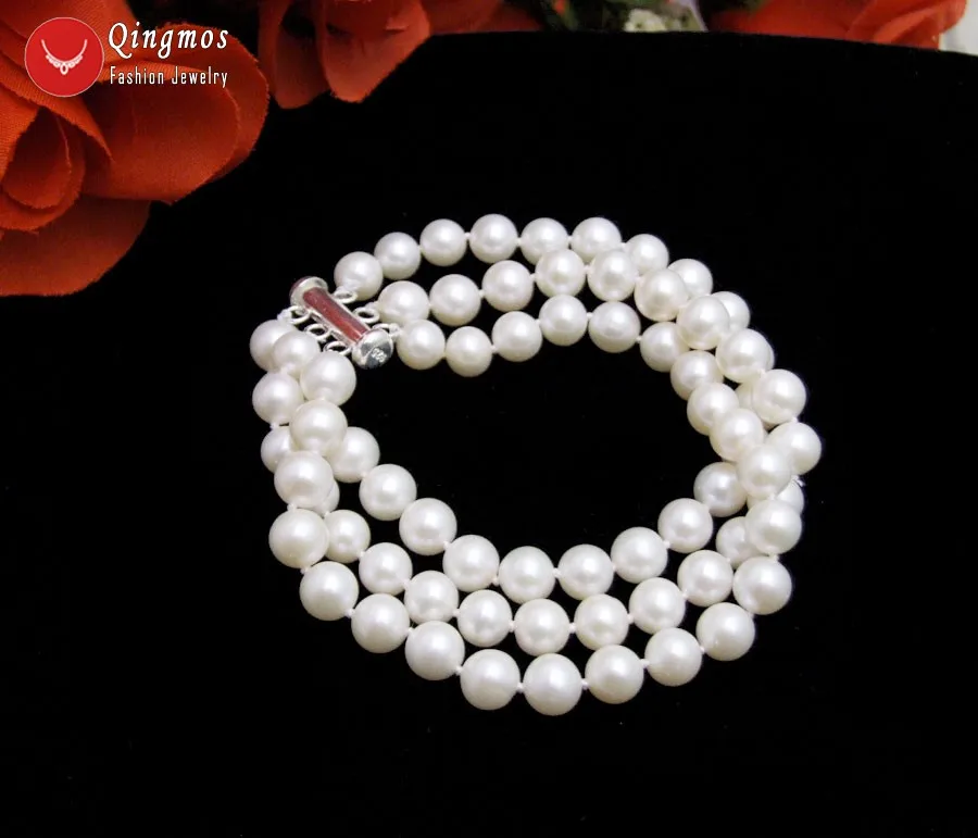 

Qingmos White Akoya Pearl Trendy Bracelet for Women with AAA 6-7mm Round Natural Pearl 3 Strands 7.5'' Bracelet & S925 Clasp-140