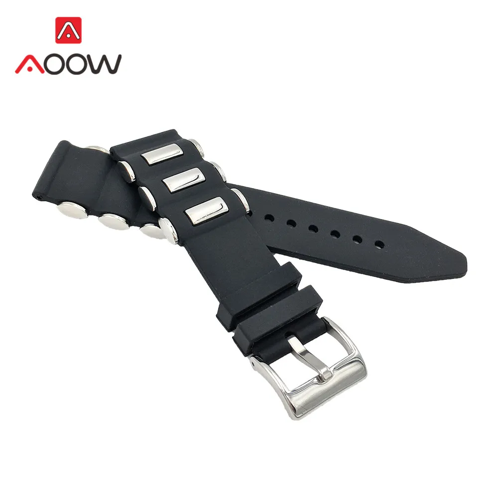 Silicone Watchband 20mm 22mm 24mm 26mm Metal Embedding Waterproof Black Rubber Replacement Bracelet Band Strap Watch Accessories