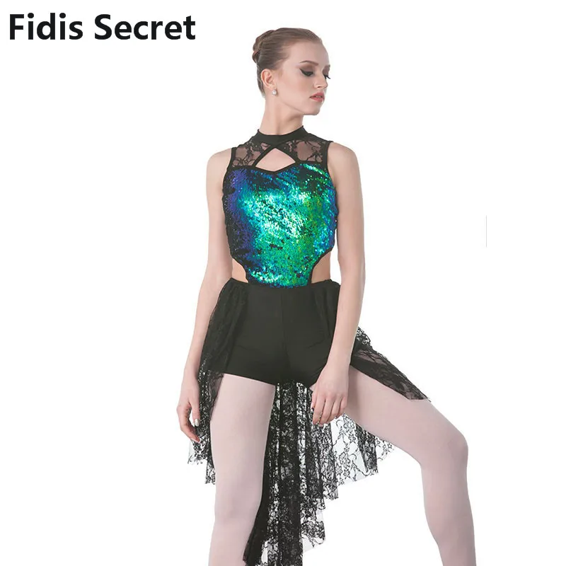 New Lyrical Dress w/Green Sequin Black Lace for Women/Girls Ballet/Contemporary Performance Dance Costume Lady Jazz Stage Wear