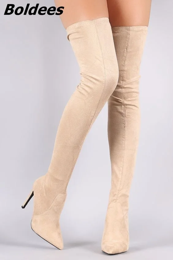 Women Pointed Toe Stiletto Heel Thigh High Boots Elegant Beige Suede Side Half Zip Long Boots Celebrities Design Shoes