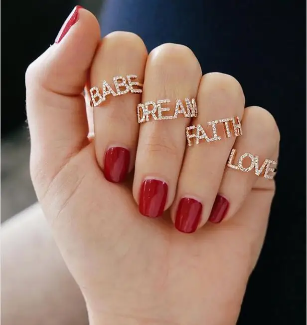 customize letter women finger ring gold color size 6 7 8 pave cz fashion meanning engagement rings