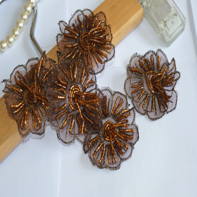 (2pc/lot)New Arrival beads Wedding Dress Decorated brown 3D Organza Flower Applique Sew On Lace Patches-041002