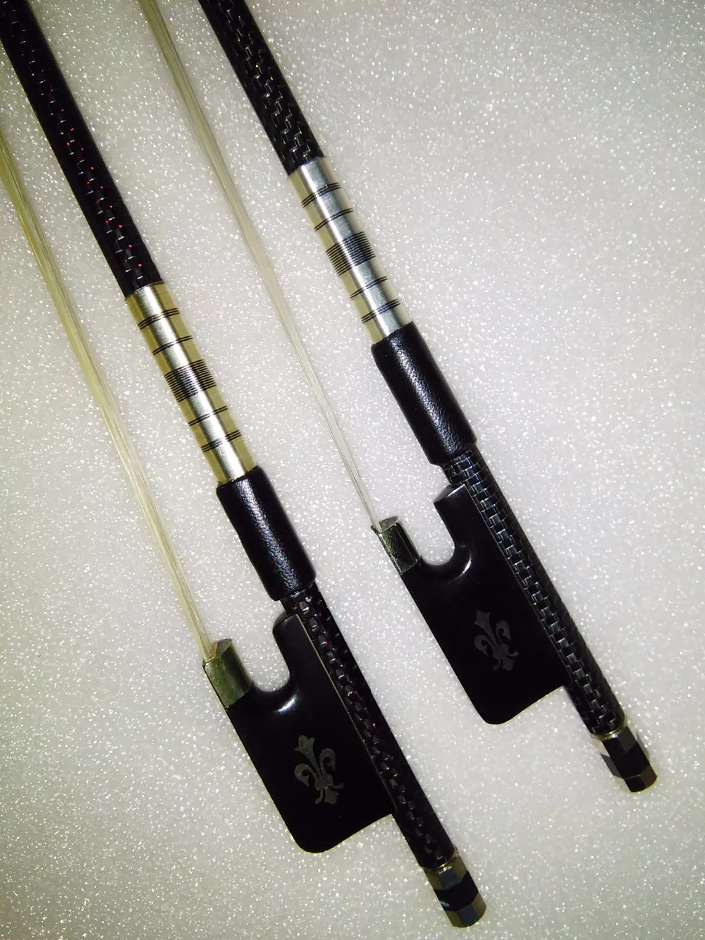 2 PCs Quality Cello Bow Carbon Fiber Bow Stick Ebony Frog One Silver Wire Inlay and One with Red Wire Inlay White Bow Hair