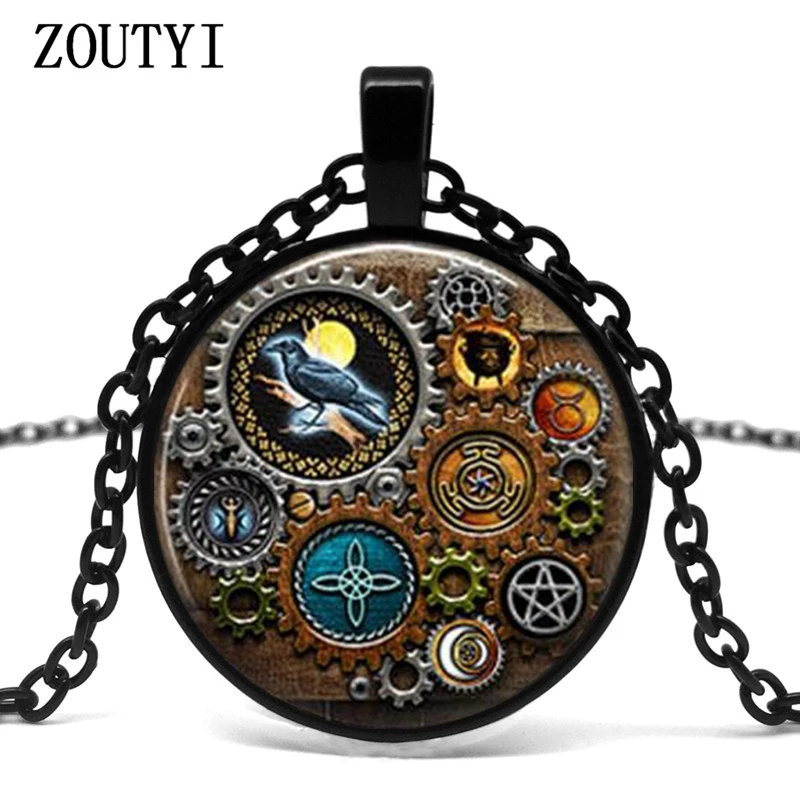 2018/ hot sale, retro steampunk inspired necklace, gear clock pattern glass pendant necklace wear jewelry