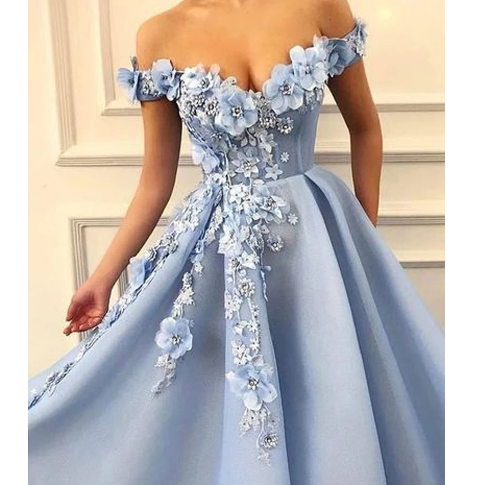 Blue Evening Dresses 2019 V Neck Lace Appliques Hand Made Flowers Tulle Floor Length Prom Dresses Vestidos de Fiesta