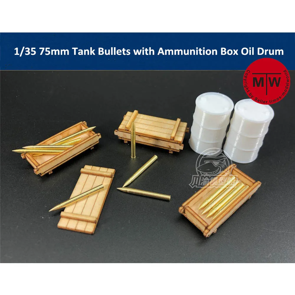 1/35 Scale 75mm Tank Bullets Metal Model with Wooden Box Oil Drum Model Kits