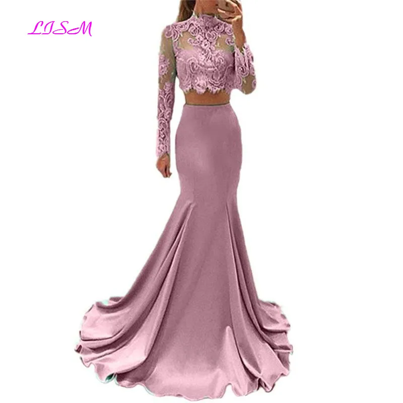 Langen Ärmeln Prom Kleid für Graduation High-Neck Meerjungfrau Zwei Stücke Party Kleider Spitze Applique Sweep Zug Abendkleid Formale kleider