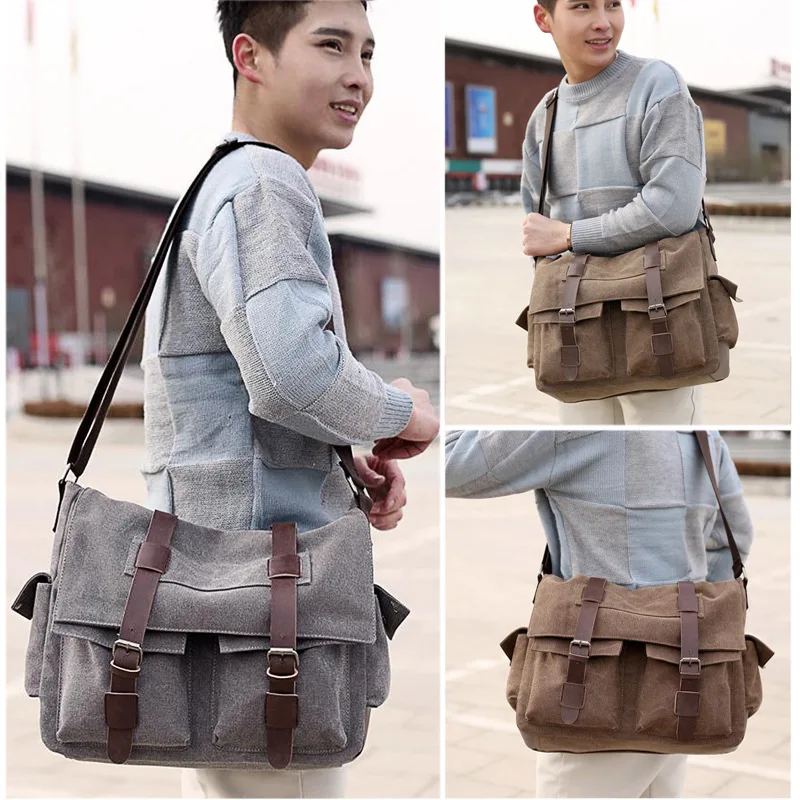 Imagem -03 - Bolsa Mensageiro Masculina Bolsa de Ombro Grande de Couro e Lona Bolsa para Laptop Vintage X108c