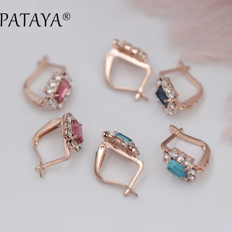 PATAYA New Arrivals Dark Blue Square Natural Cubic Zirconia Earrings 585 Rose Gold Color Fine Earrings Women Jewelry Accessories