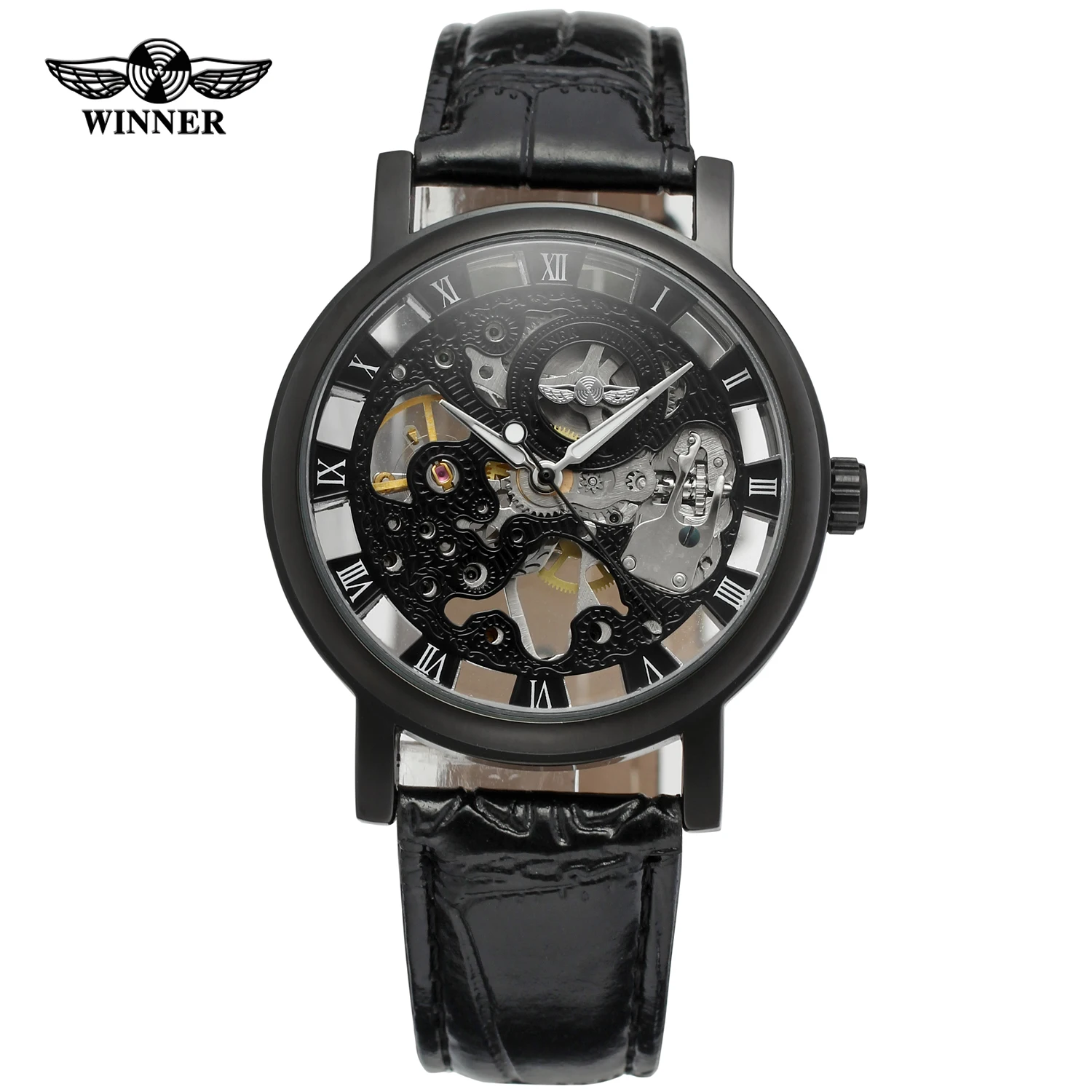 

T-WINNER WATCH black surface Roman numerals digital dial black leather strap men's mechanical watch