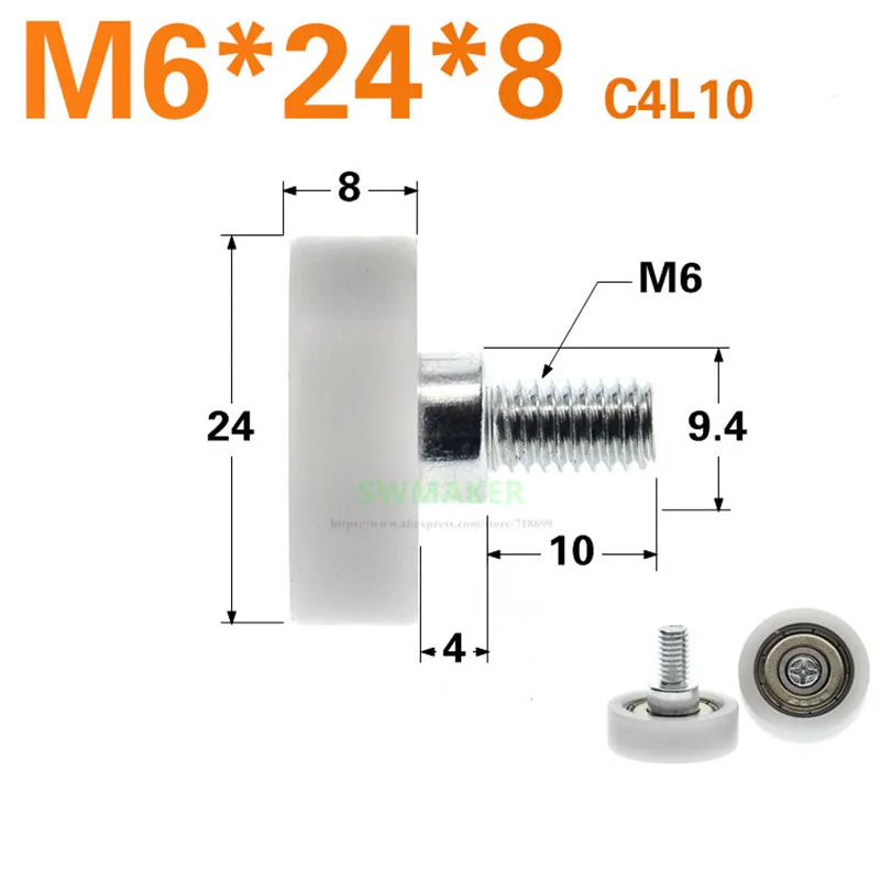 1pcs M6*24*8mm M6 external thread, 626zz bearing pulley, engineering plastics, door and window cabinet drawer wheel