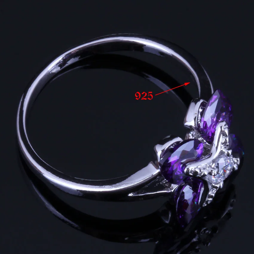 Silky Heart Shaped Purple Cubic Zirconia White CZ Silver Plated Ring V0423