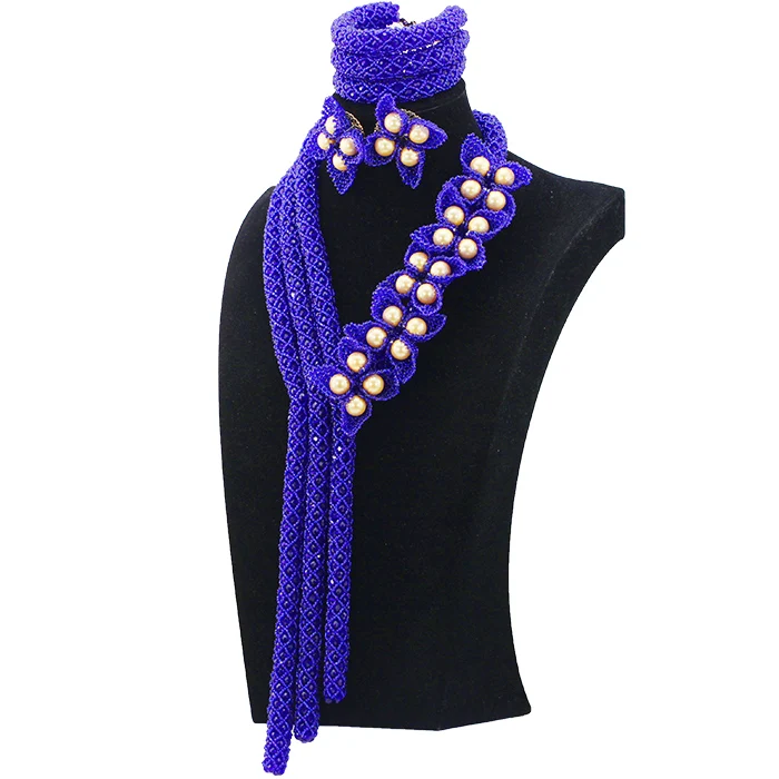 Romantic Gorgeous Royal Blue Wedding African Beads Jewelry Set Flower Petals Pearl Statement Bridal Jewelry Free Shipping ABL526