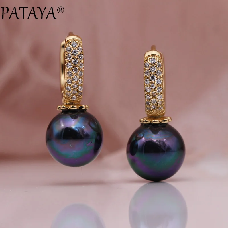 PATAYA New Earring Women Fashion Wedding Geometric Jewelry 585 Rose Gold Color Shell Pearls Natural Zircon Dangle Earrings