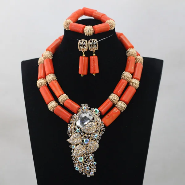 Gorgeous White Coral Beaded African Jewelry Necklace Set Gold Pendant Necklace Earrings Set for Brides Free shipping ABH368