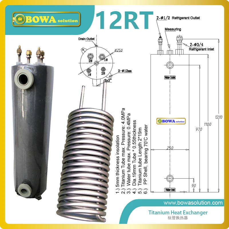 

12RT titanium HEX Water side (Between the tube and PVC-U shell):Nature water,sea water,salt water or other corrosive Materials