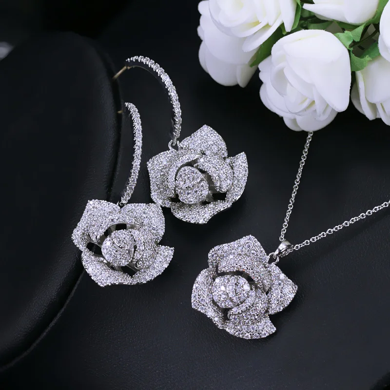 CWWZircons Geometric Flower Design Cubic Zircon Fashion Brand Women Rose Gold Color Earrings Necklace Pendant Jewelry Sets T016